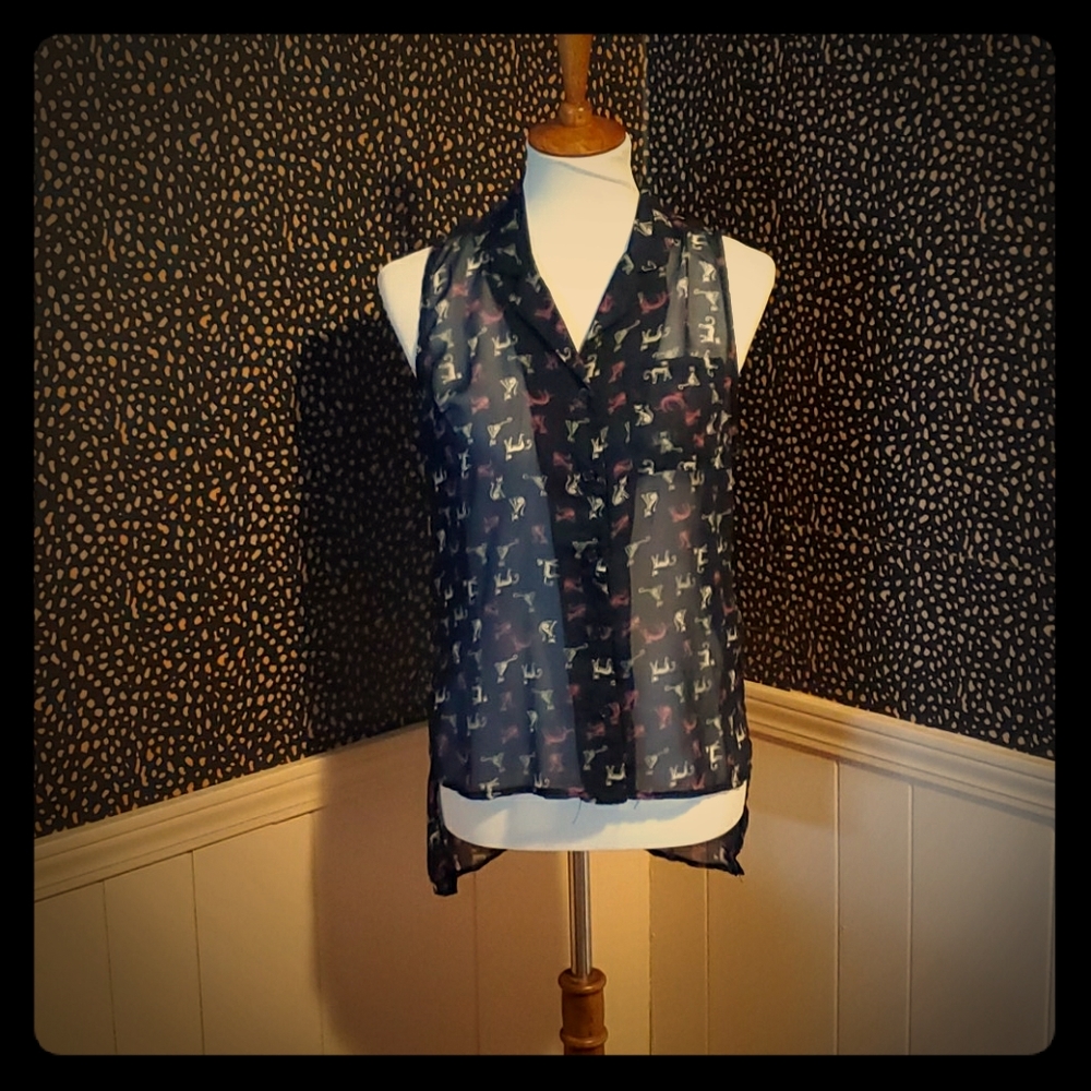 Sheer Cat Print Sleeveless Top
